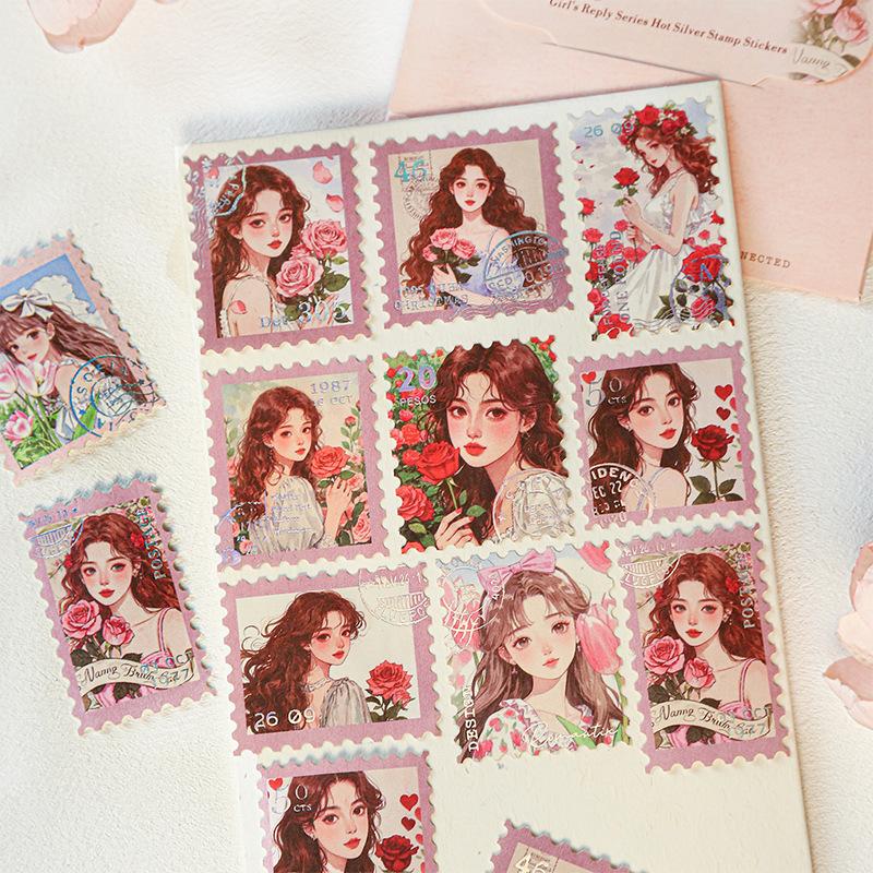 Sweet Cartoon Girl Stamp Style Decor Stickers, 20pcs, Girlish Heart Journal Diary DIY Material, Student Stationery