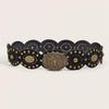 Women's Retro Oval Western-Style Leather Belt with Denim Waistband Decoration