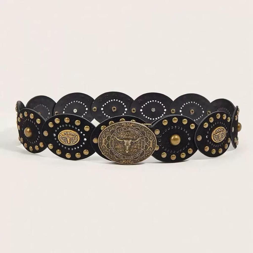 Women's Retro Oval Western-Style Leather Belt with Denim Waistband Decoration