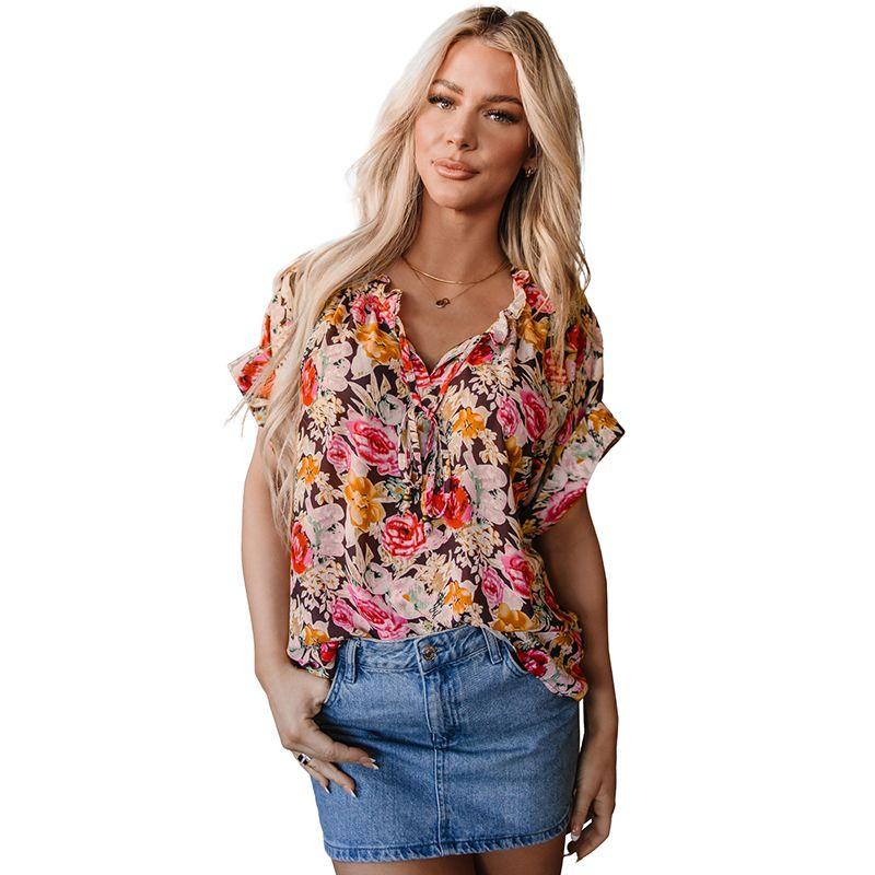 

European and American Retro Flower Print V-neck Chiffon Shirt Women 2025 Early Spring New Elegant Loose Pullover Short sleeve Top Florals M code fits (55.00 kg-62.50 kg