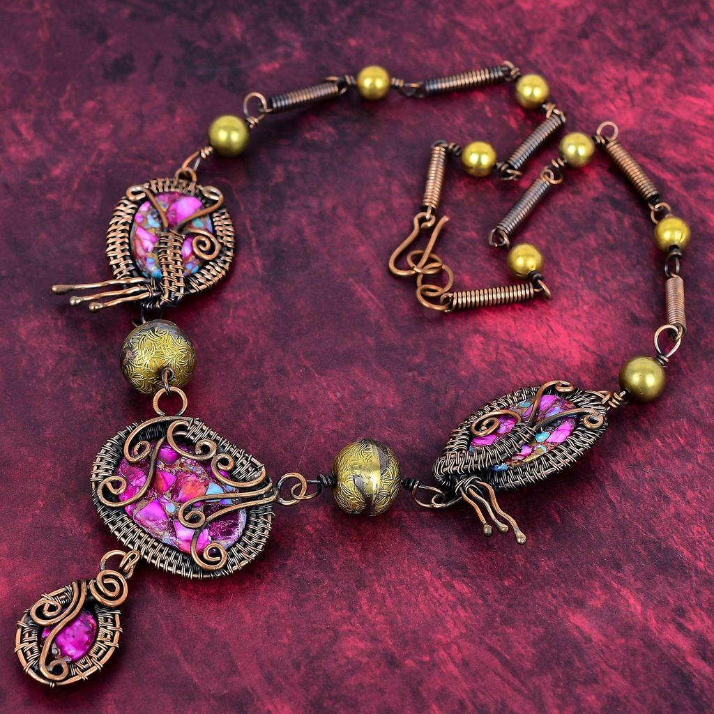 Natural Kingman Pink Dahlia Turquoise Necklace Adjustable Chain Necklace Copper Wire Wrapped Necklace