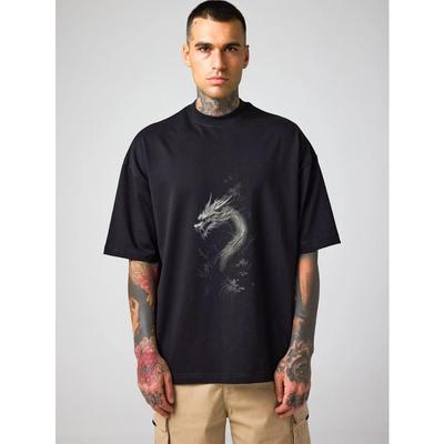 Oversized T Shirt Black Dragon Print Graphic Tee Men Casual Streetwear Fashion Top Unisex Daily Wear Urban Style Outfit