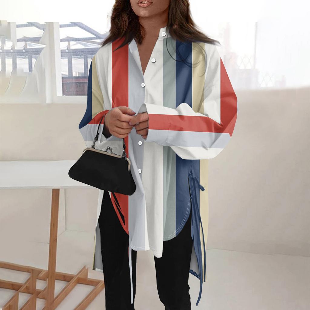 Camicia da donna di tipo sciolto a maniche lunghe con risvolto a maniche lunghe tinta unita alla moda