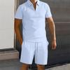 Men Summer Shirt Shorts Set Knee Length Elastic Waist Drawstring Shorts Solid Color Lapel Zipper Neck Short Sleeves Tracksuit Set