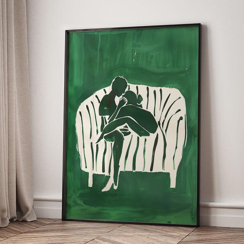 Green Striped Girl Lemon Leaf Wall Art Canvas Painting Abstract Posters And Prints Hotel Bar Wall Pictures For Living Room Decor