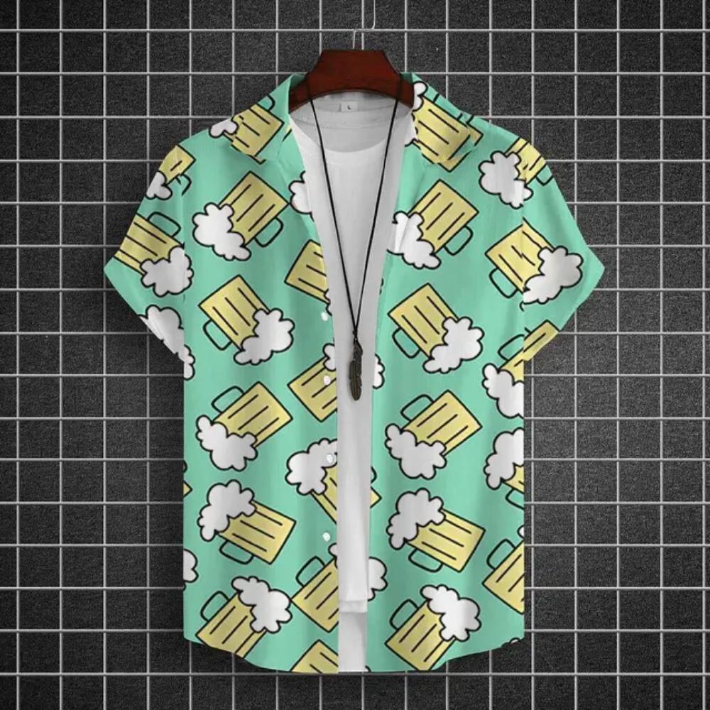Hawajska Koszula Męska 3D z Nadrukiem Piwa Krótki Rękaw Koszule Koszulka na Imprezę Piwną T-shirty Letnie Codzienne Luźne Oversize Odzież Męska