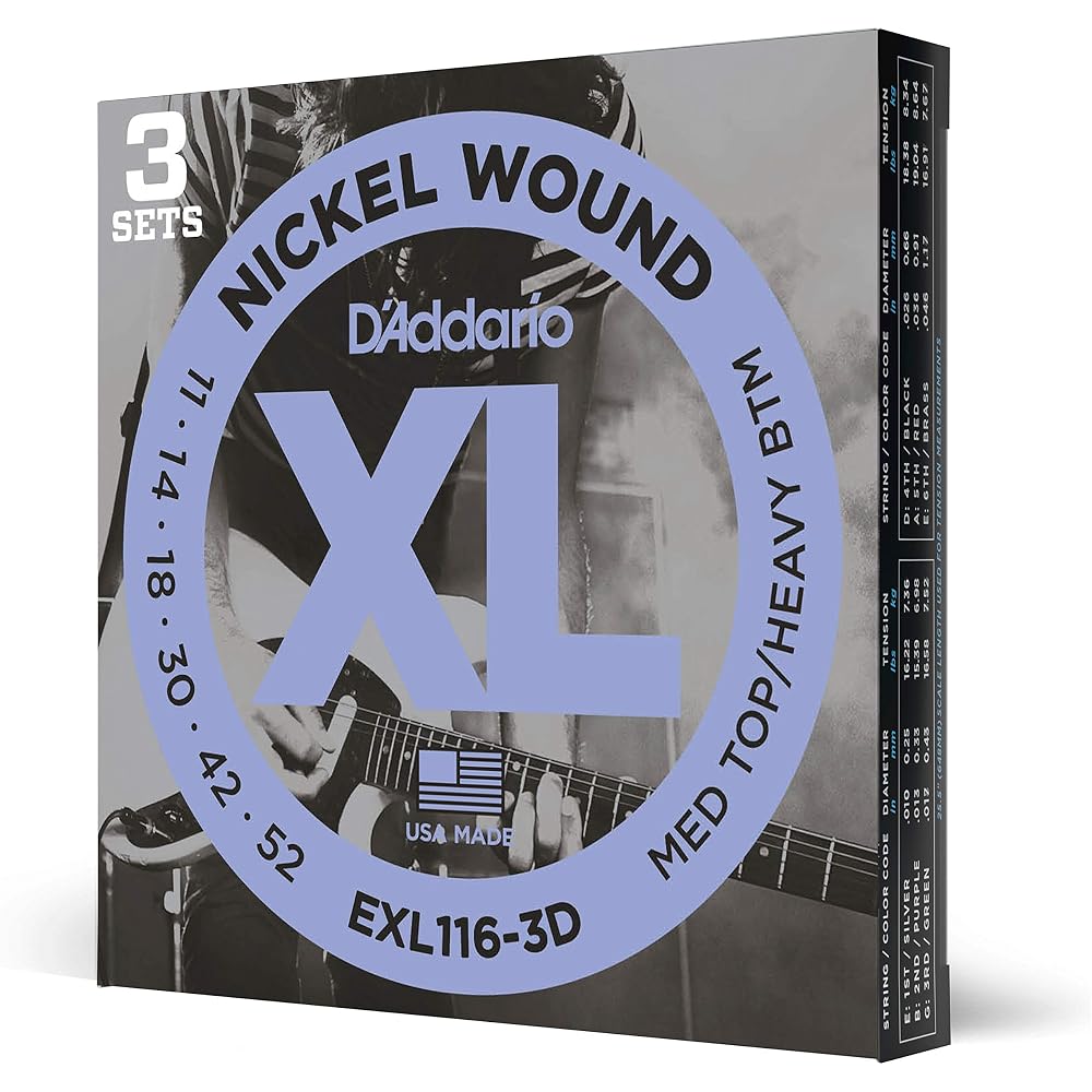 D Addario XL Nickel Electric Guitar Strings .011-.052 Medium Top/Heavy Bottom 3-Pack EXL116-3D