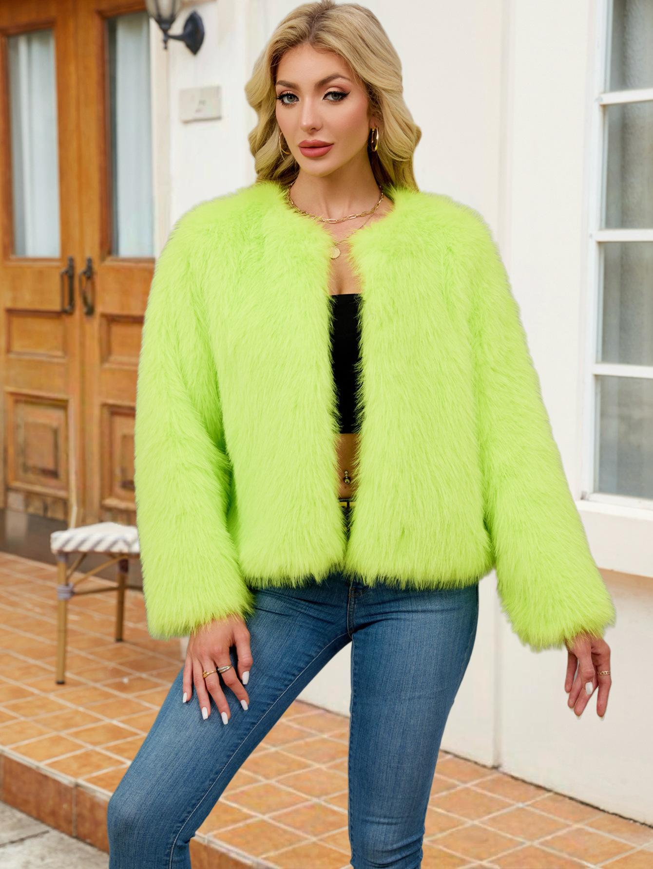 

Новый короткий женский топ из искусственного меха, женское плюшевое повседневное осенне-зимнее пальто XXXL флуоресцентный зеленый
