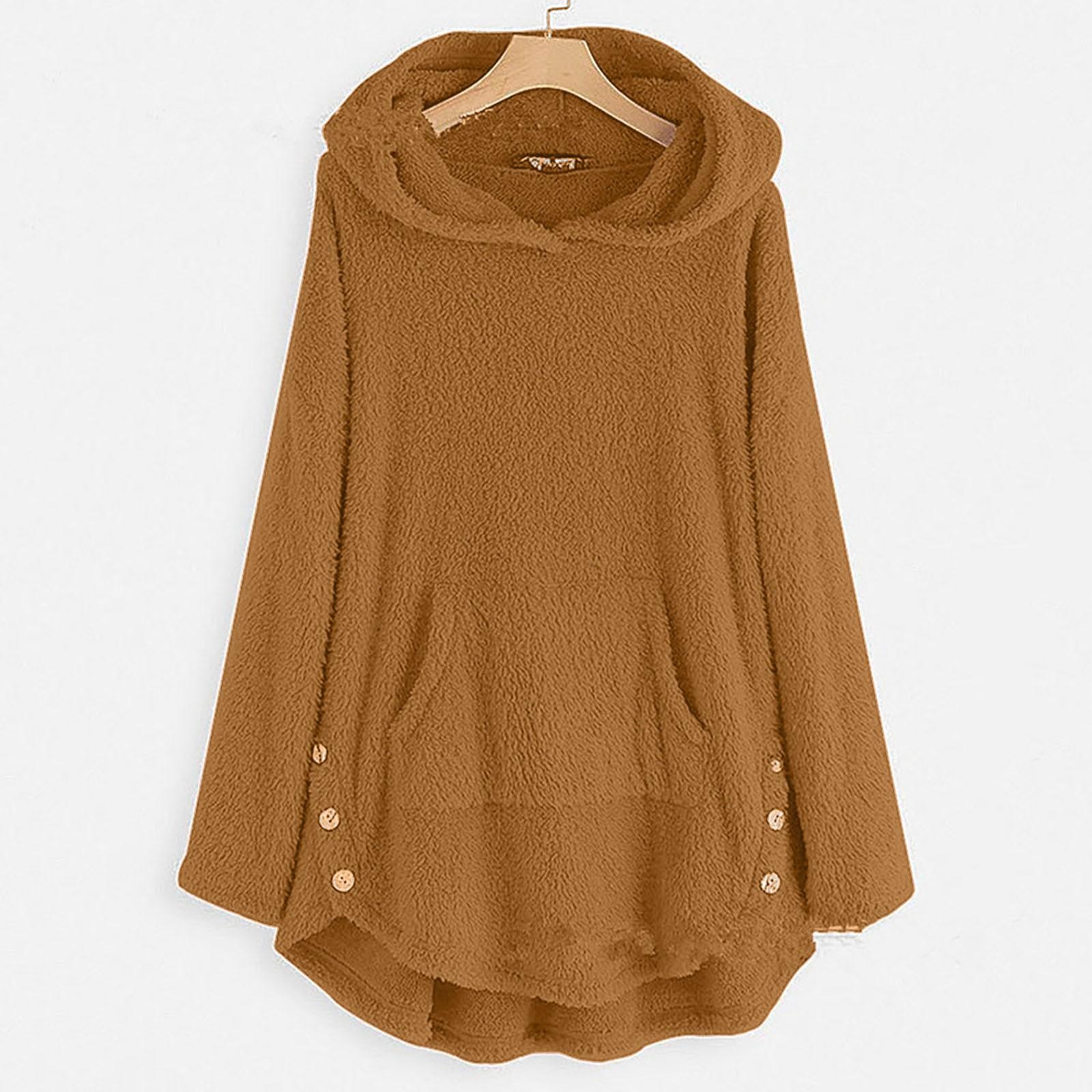 

Женская мода и зима однотонный длинный рукав с капюшоном флисовый свитер XL коричневый