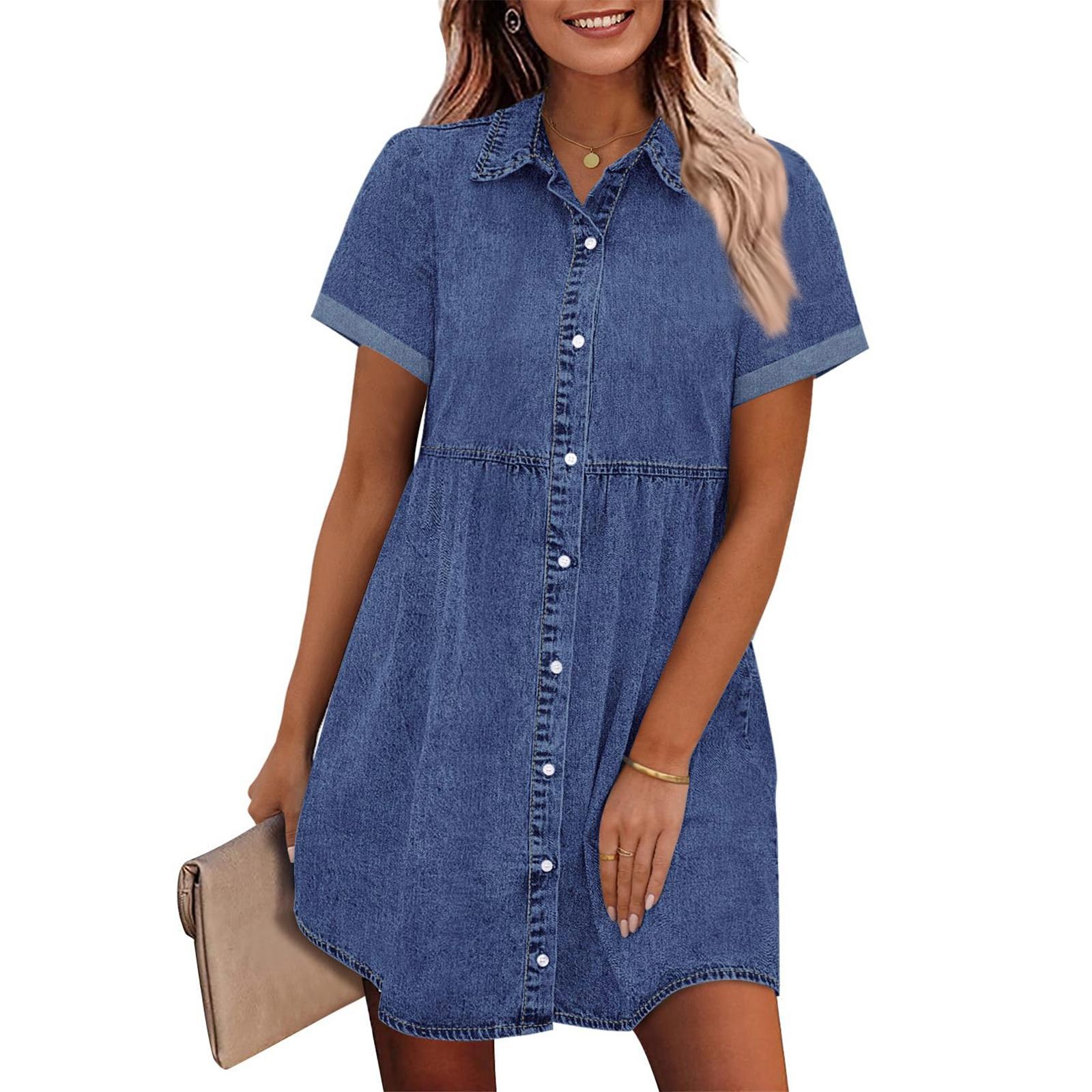 

Женское джинсовое платье с короткими рукавами и застежкой на пуговицы L тёмно-синий