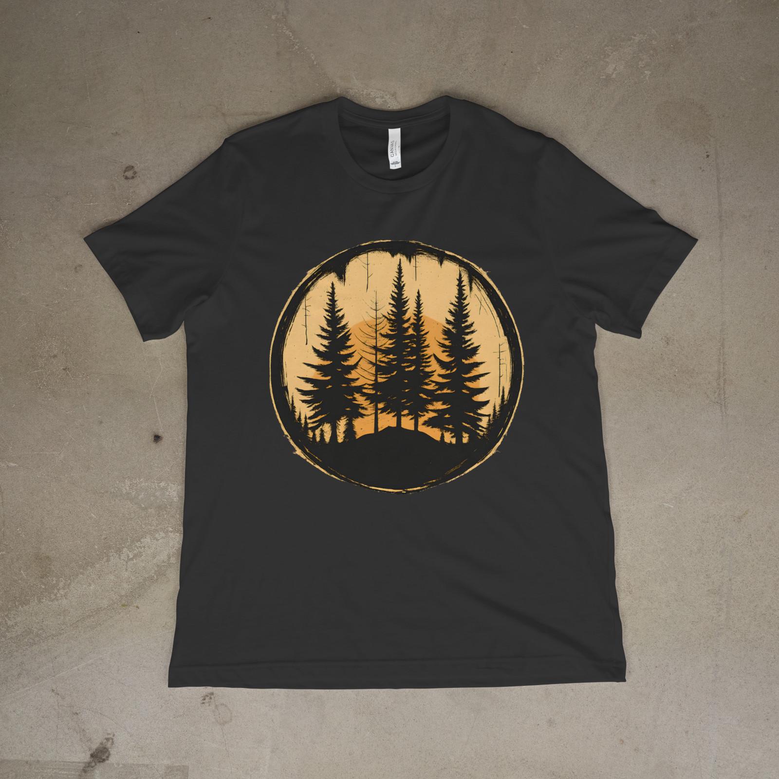 Vintage Forest Sunset Shirt Retro Tree Silhouette Graphic Tee Nature Hiking S