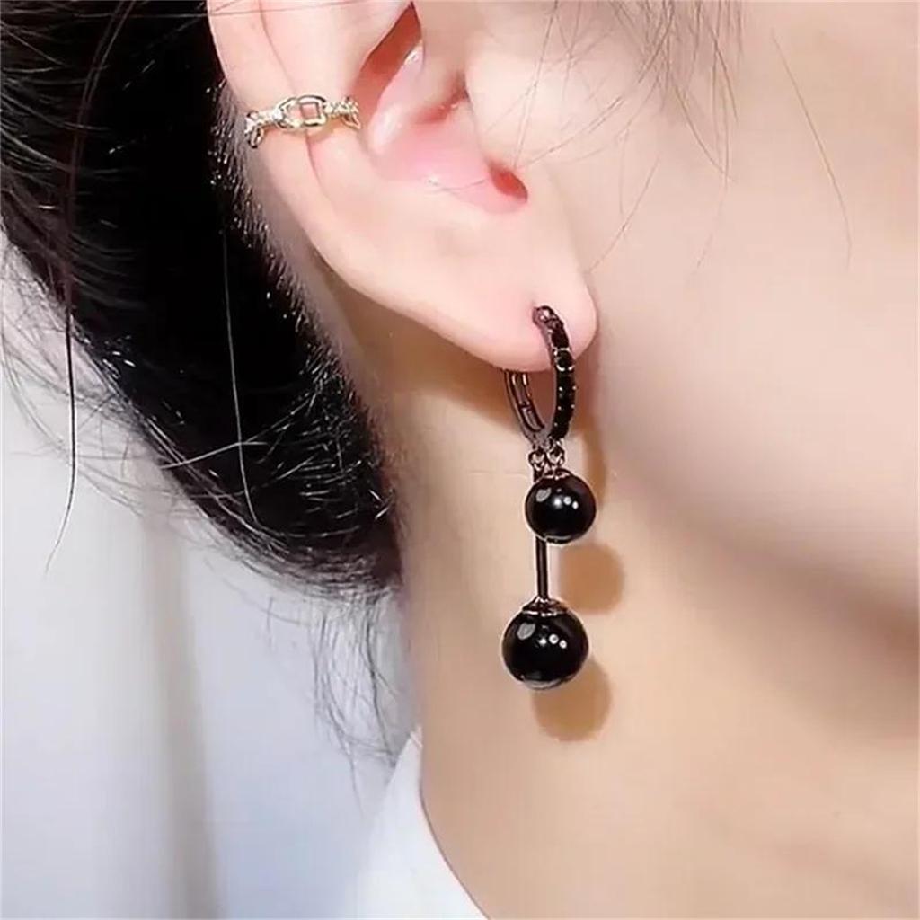 Chic Dangle Earrings Black Tassel Design Inlaid Artificial Gemstone Stud Earrings Match Daily Outfits Party Accessories Casual Dating Decor