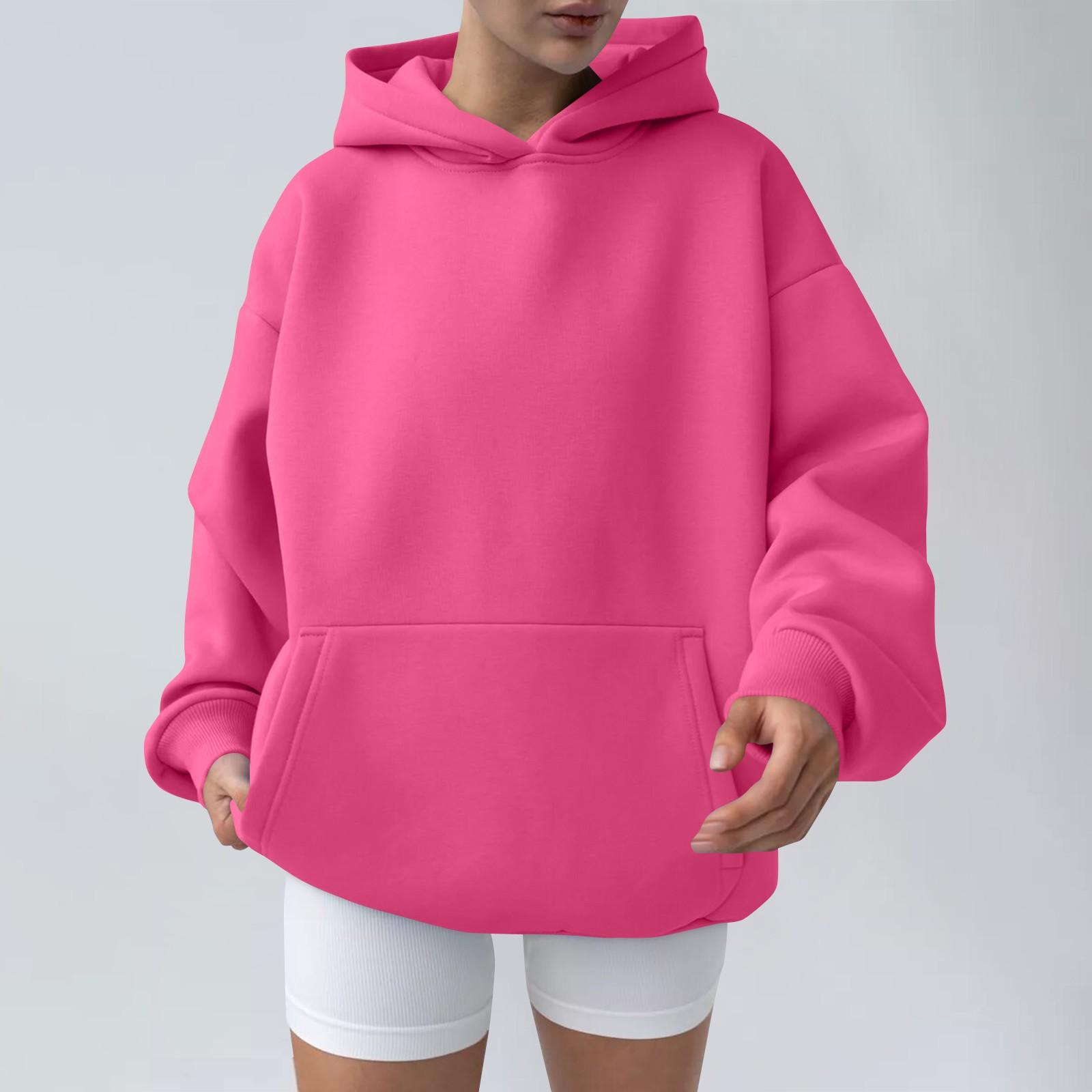 

Женская мода весна и свитшот с капюшоном повседневный карманный топ свободный пуловер L розовый