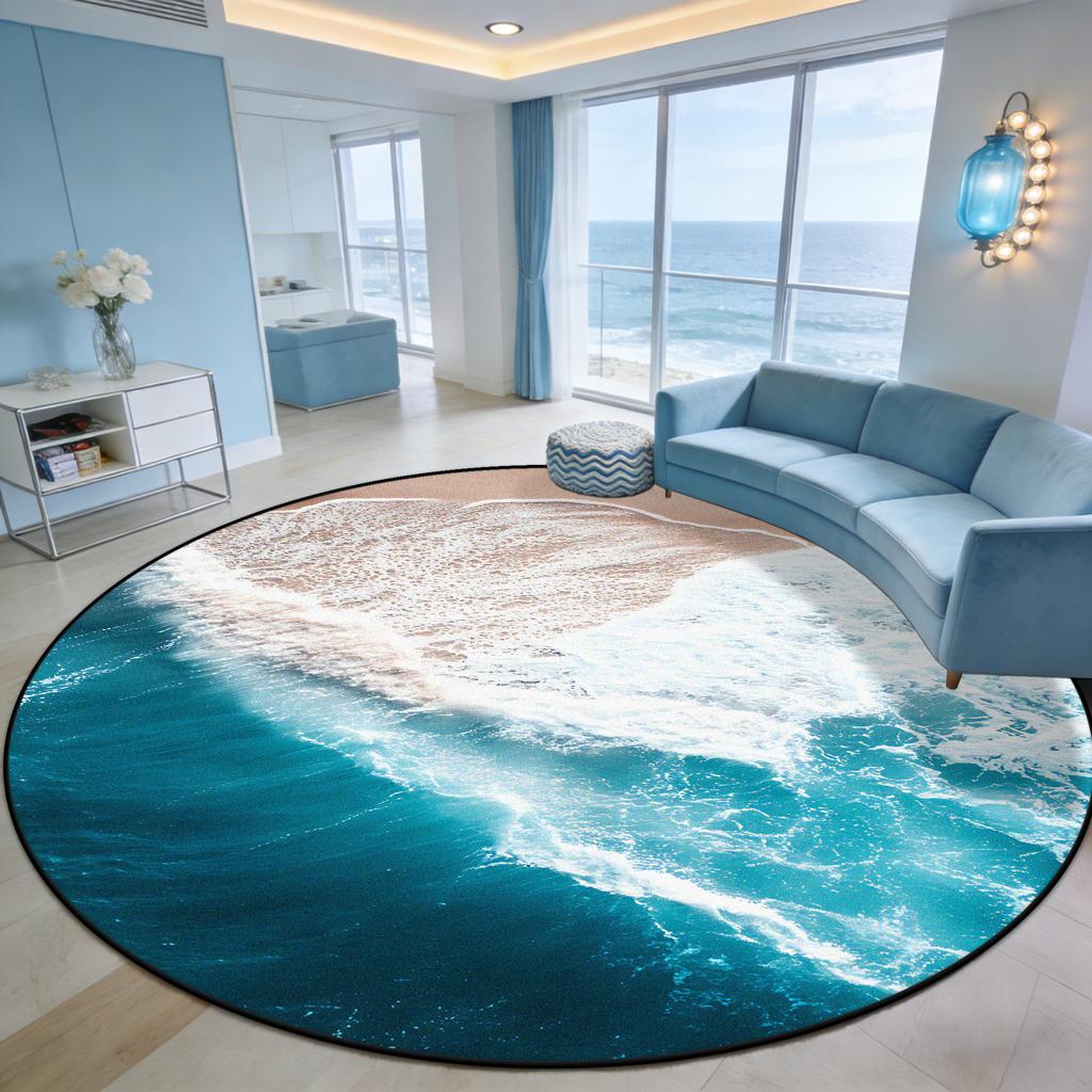 Immersive Wave Beach Round Carpet for Living Room Decoration Terrace Courtyard Antiskid Rug Easy Clean Fluffy Mat for Children