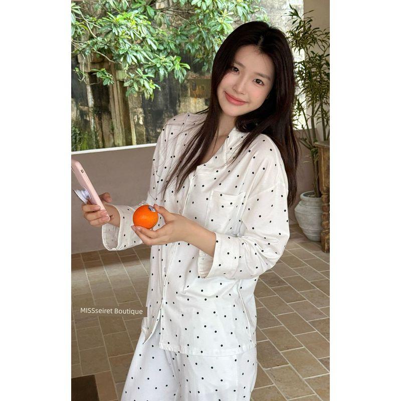 

French style Water Soft Cotton Polka Dot Pajamas Set Women s Long-Sleeved Trousers Autumn and Winter Loose Ins Style Skin-friendly Cotton Home Wear Polka Dot Water Soft Cotton Polka XL