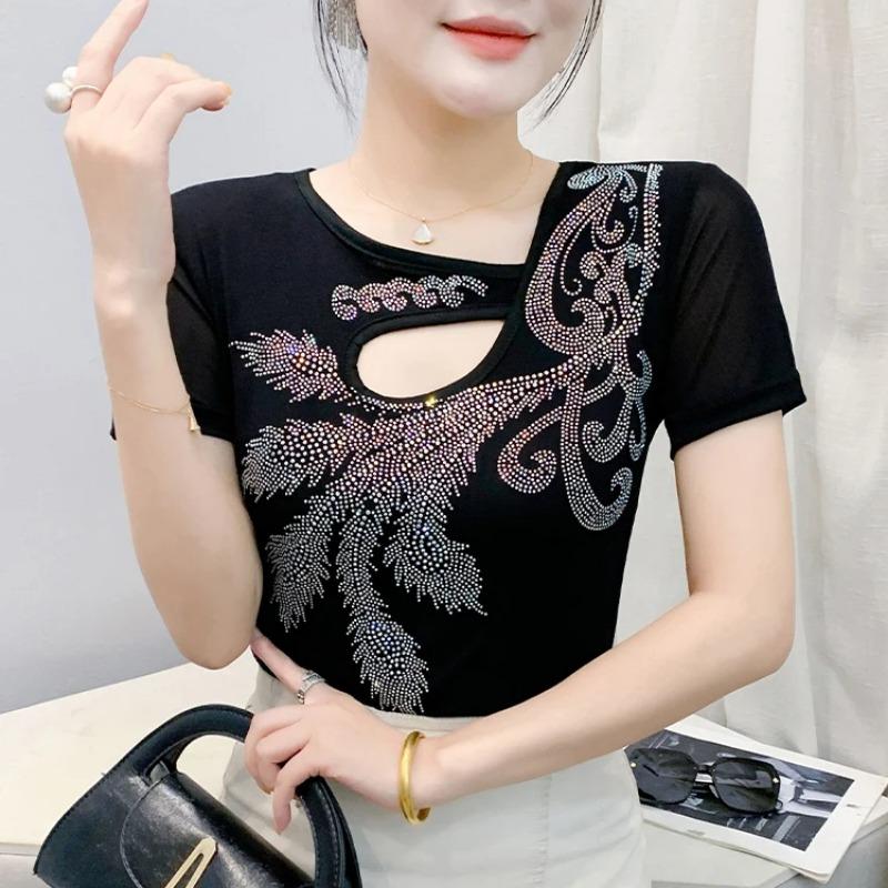 Summer Women's Short Sleeved T-Shirt Fashion Sexy Hollow Out Luxury Hot Diamonds Flower Tees Casual Brand Tops