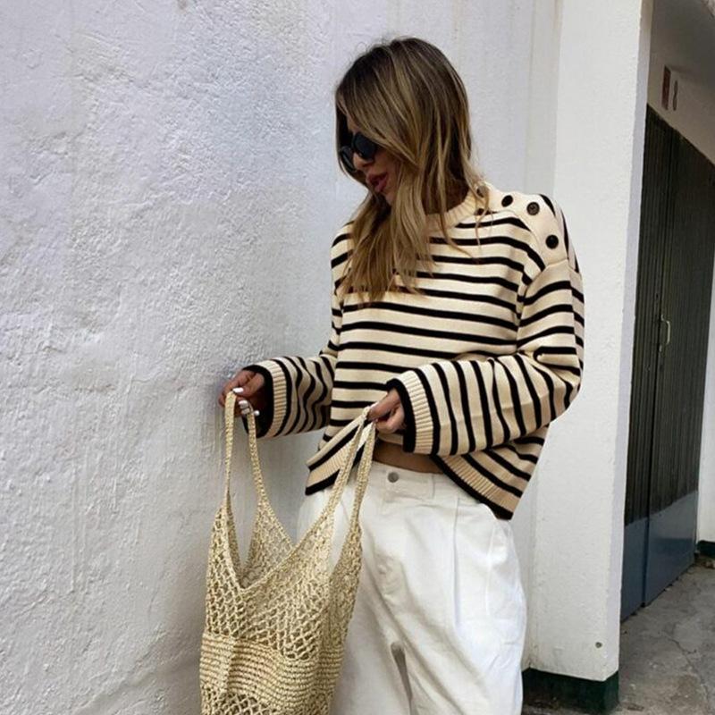 YYFS Dámské módní ležérní svetry s dlouhým rukávem a proužkovaným potiskem s kulatým výstřihem na podzim a zimu