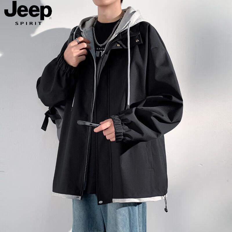 JEEP SPIRIT Men s Faux Two-Piece Hooded Windbreaker Jacket L