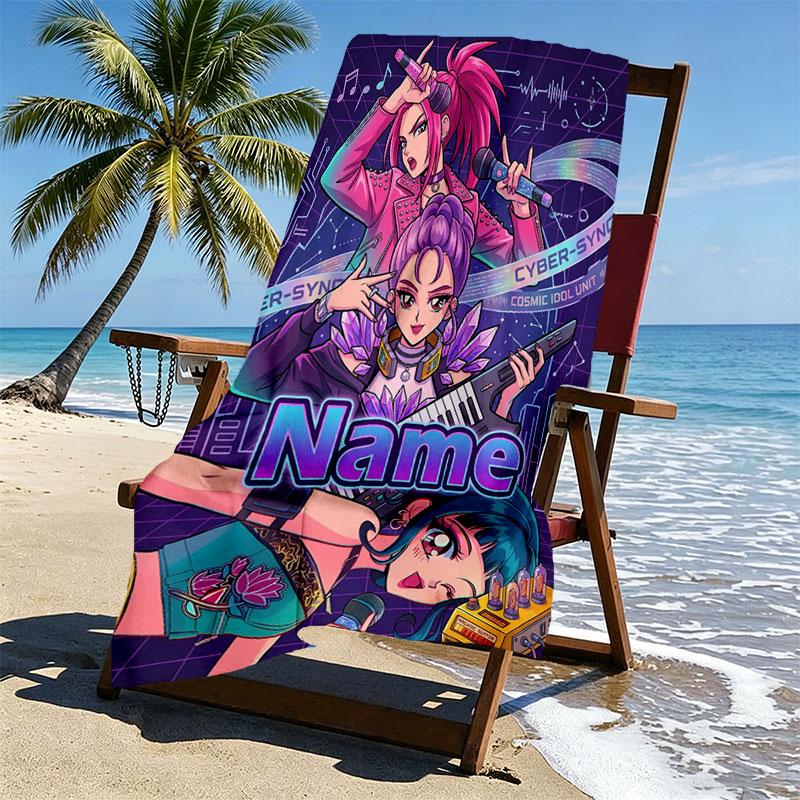 Custom Name Personalized Kpop Demon Hunter Print Beach Towel, for Trip Camping Beach Party Home Decor, Birthday Gift for Family & Friends