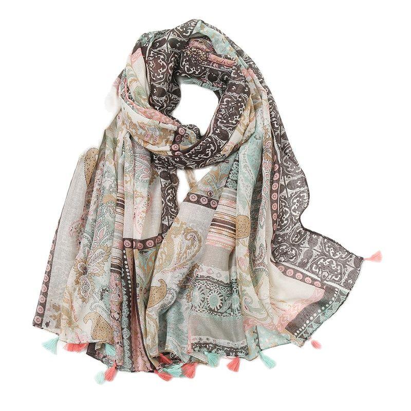 Spain Luxury Brand Navy Blue Lovely Floral Tassel Viscose Shawl Scarf Lady High Quality Wrap Headband Bufandas Muslim Hijab