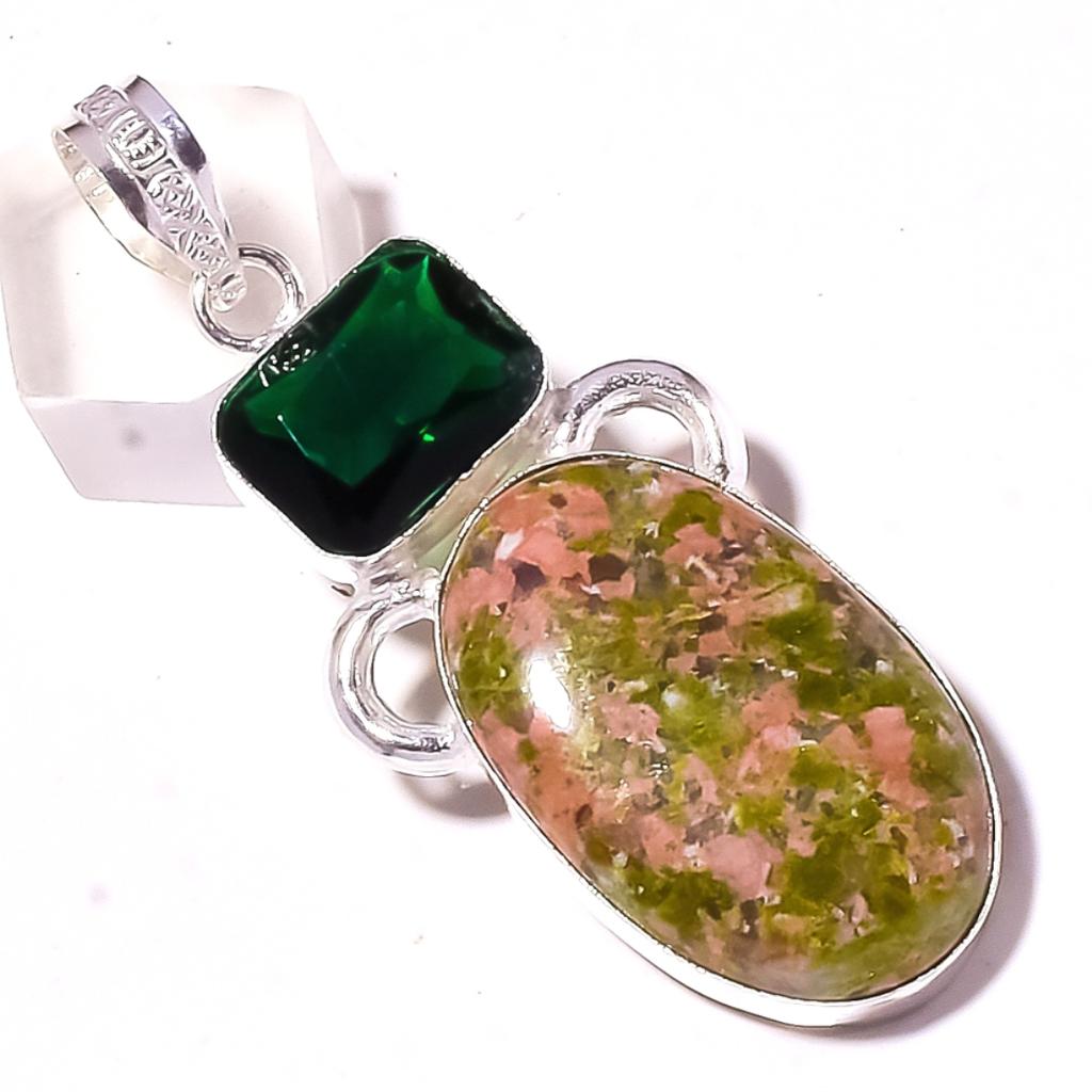 Unakit Chromdiopsid Edelstein Handgefertigter Antiker Schmuck Anhänger 2,7" L2q62