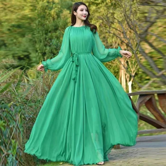 Abito da Spiaggia in Chiffon Super Lungo da Donna Primavera Estate Elegante Manica Lunga Ampio Allacciato Slim Vestiti