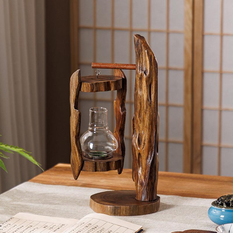 Thai Style Wooden Candle Lantern, Retro Southeast Asian Glass Hurricane Lamp, Outdoor Windproof Feng Shui Decor for Garden