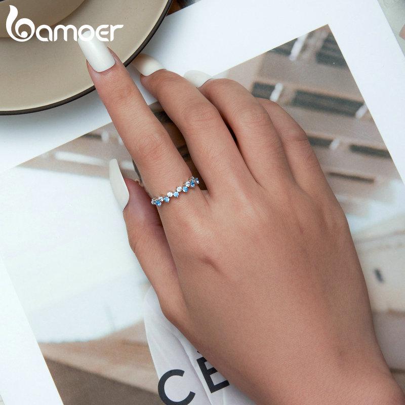 Bamoer 925 Sterling Sølv Minimalistisk Blå Zirkon Ring & Fargerike Fiskeskala Ring for kvinner Band Statement Ring Fine smykker gave
