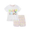 Girls' Summer Plaid Shorts Set - European & American Style with Cartoon Print, Short-Sleeve Two-Piece