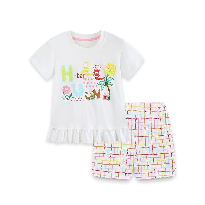 Girls' Summer Plaid Shorts Set - European & American Style with Cartoon Print, Short-Sleeve Two-Piece