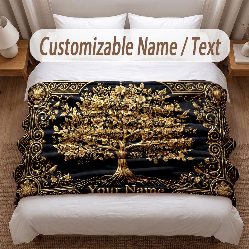 Tree of Life Theme Soft Blanket Personalized Custom Name Text Print Warm Blanket Home Sofa Bedroom Decor