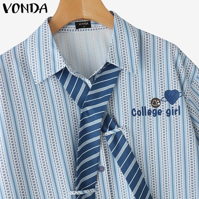 VONDA Women Tie Up Short Sleeve College Style Striped Oversized Casual Shirts