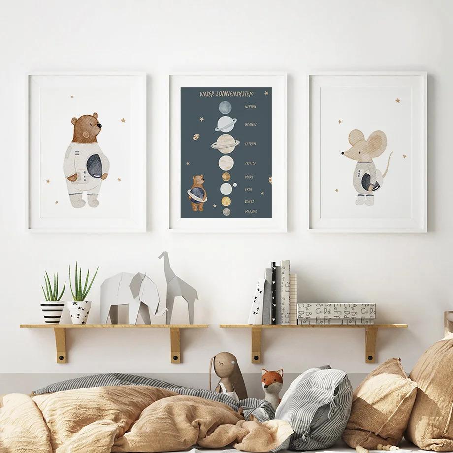 Boho Cartoon Space Astronauts Planet Posters Prints Bear Hedgehog Canvas Painting Wall Art Pictures Baby Kids Room Home