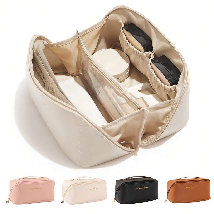 

Portable Large Capacity PU Makeup Bag with Internal Organizers for Travel and Daily Use бежевый