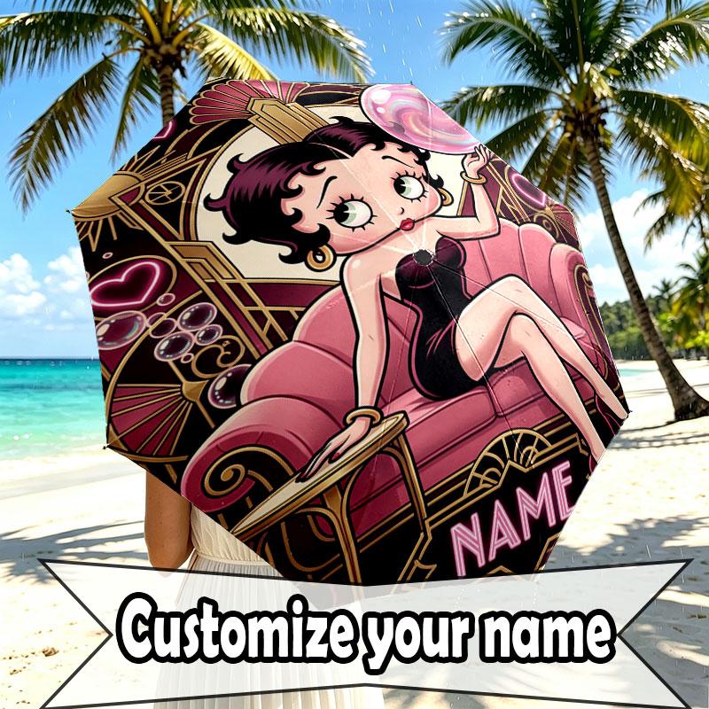 Spersonalizowany Parasol z Nadrukiem Betty Boop z Imieniem, Automatyczne Otwieranie i Zamykanie, Wytrzymały Stelaż z 8 Żebrami, do Codziennego Użytku, na Kemping i Piesze Wycieczki, Prezent Urodzinowy