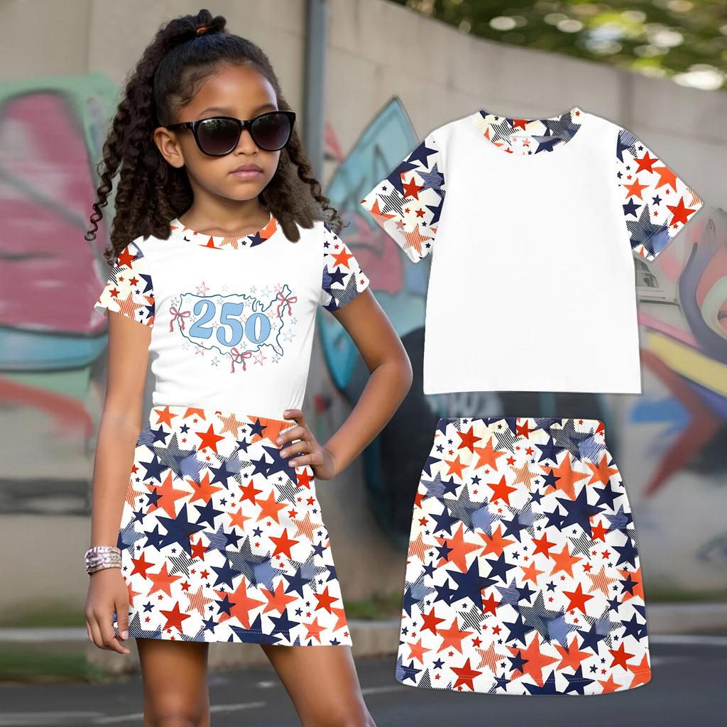Girls Casual Two Piece Set Short Sleeve Crew Neck Top with Star Pattern Skirt Lightweight Summer Outfit for Kids