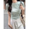 Irregular American style right shoulder short-sleeved T-shirt for women in summer hot girl high waist exposed navel slim fit versatile short top