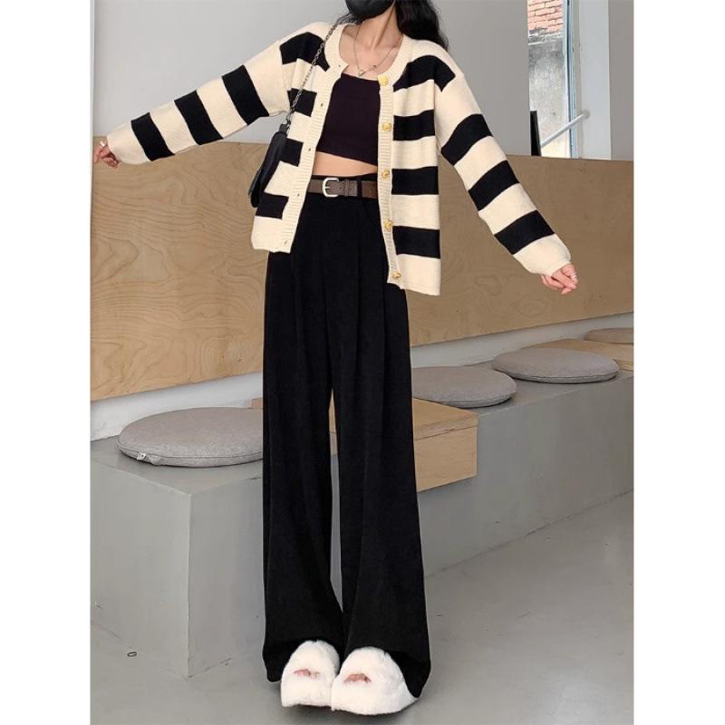 

Женские брюки из вельвета и бархата цвета экрю с высокой посадкой - Осенне-зимний повседневный стиль из шениля с широкими штанинами 3XL