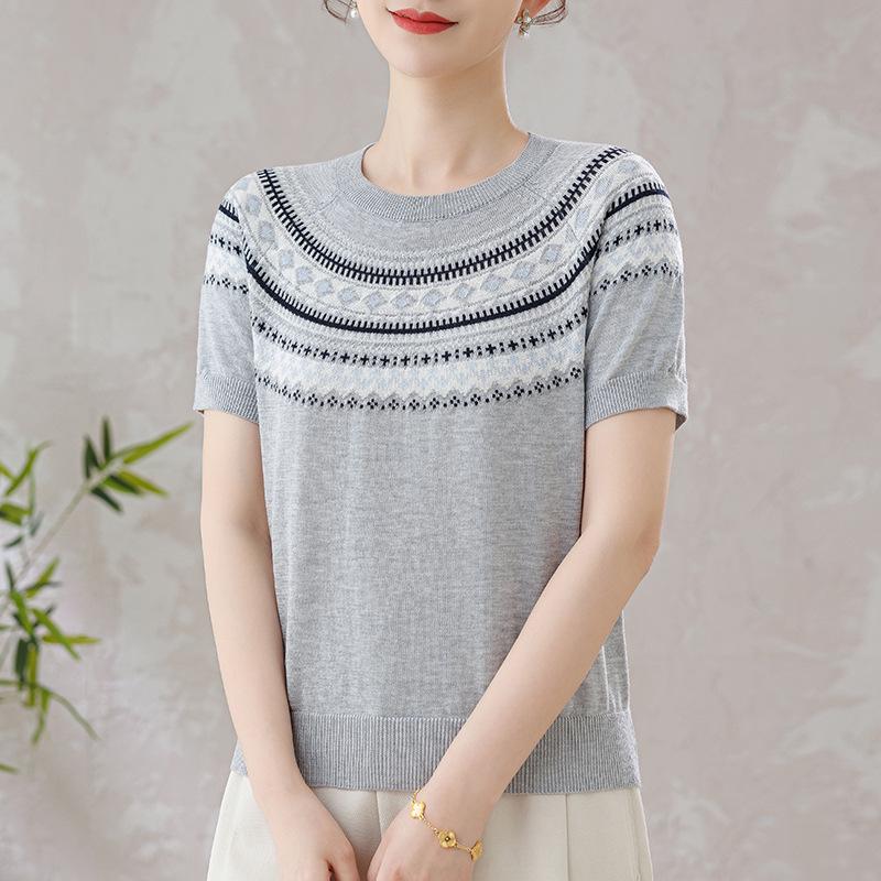 Mom s Summer Color Block Ice Silk Knit Top - Short-Sleeved Stylish Shirt for Mid-Aged Women 110 серый