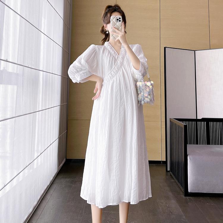 Maternity Summer Dress Fashionable Stylish Mom V-Neck Mid-Length Skirt Spring Summer Loose Maternity Dress