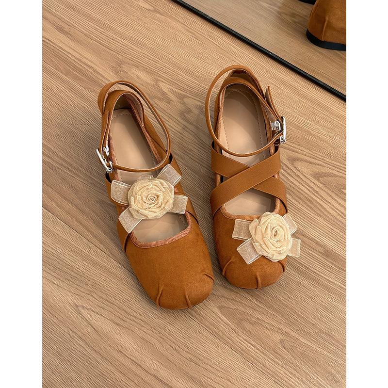 Sheepskin new Chinese retro leather flower ballet shoes women's inner height increase French shallow mouth single shoes women's Mary Jane shoes