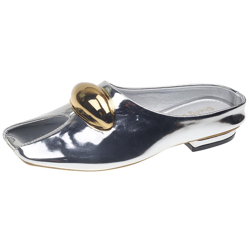 Fashion French Leopard Print Metal Buckle Square Toe Shallow Mouth Baotou Half Slippers Women's Spring and Summer New Slip-on Flats