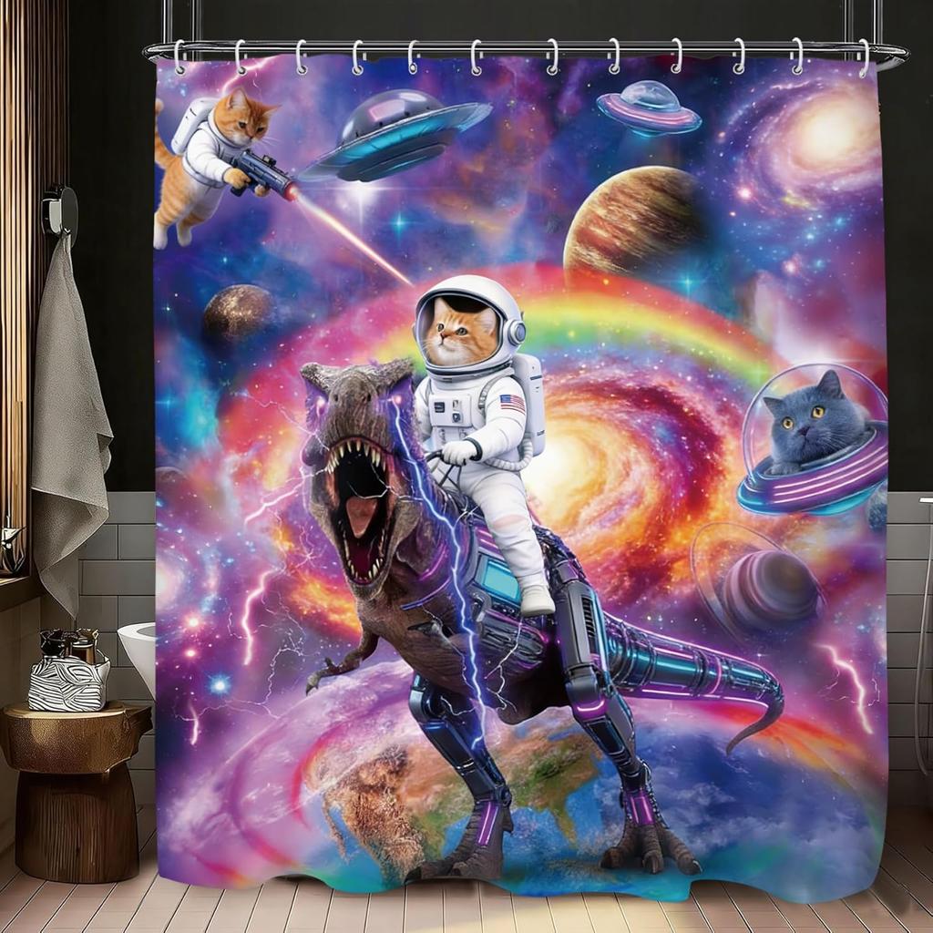 Funny Cat Dinosaur Shower Curtain,Cool Galaxy Shower Curta for Bathroom Decor, Hilarious Outer Space Universe Shower Curtain