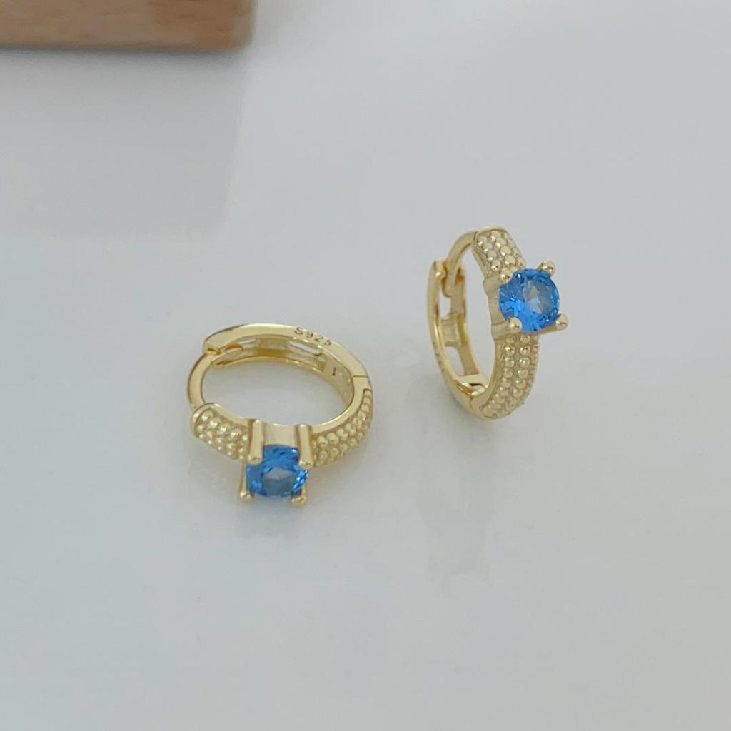 14K Gold Plated S925 Sterling Silver Blue Zircon Four-Prong Earrings for Women