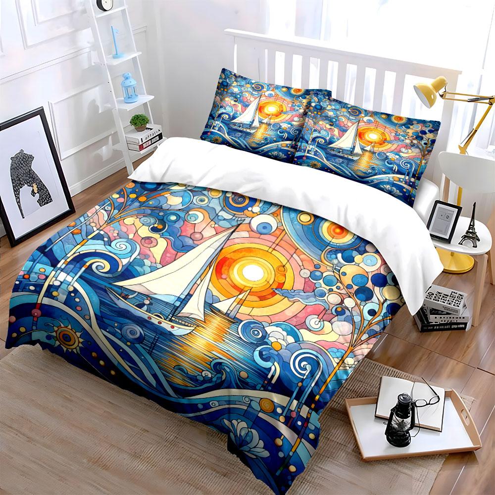 Sailing Boat Artistic Decor Set Bedding Set with 1 Duvet Cover 2 Pillowcases Single Double King Queen, Gift