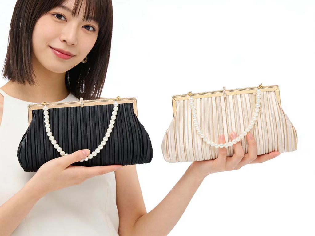 Baisikou Party Bag, Wedding Bag, Large, 2-Way Pleated, Women's HandbagShoulder Bag, Perfect for Receptions and Guests (Champagne Gold)