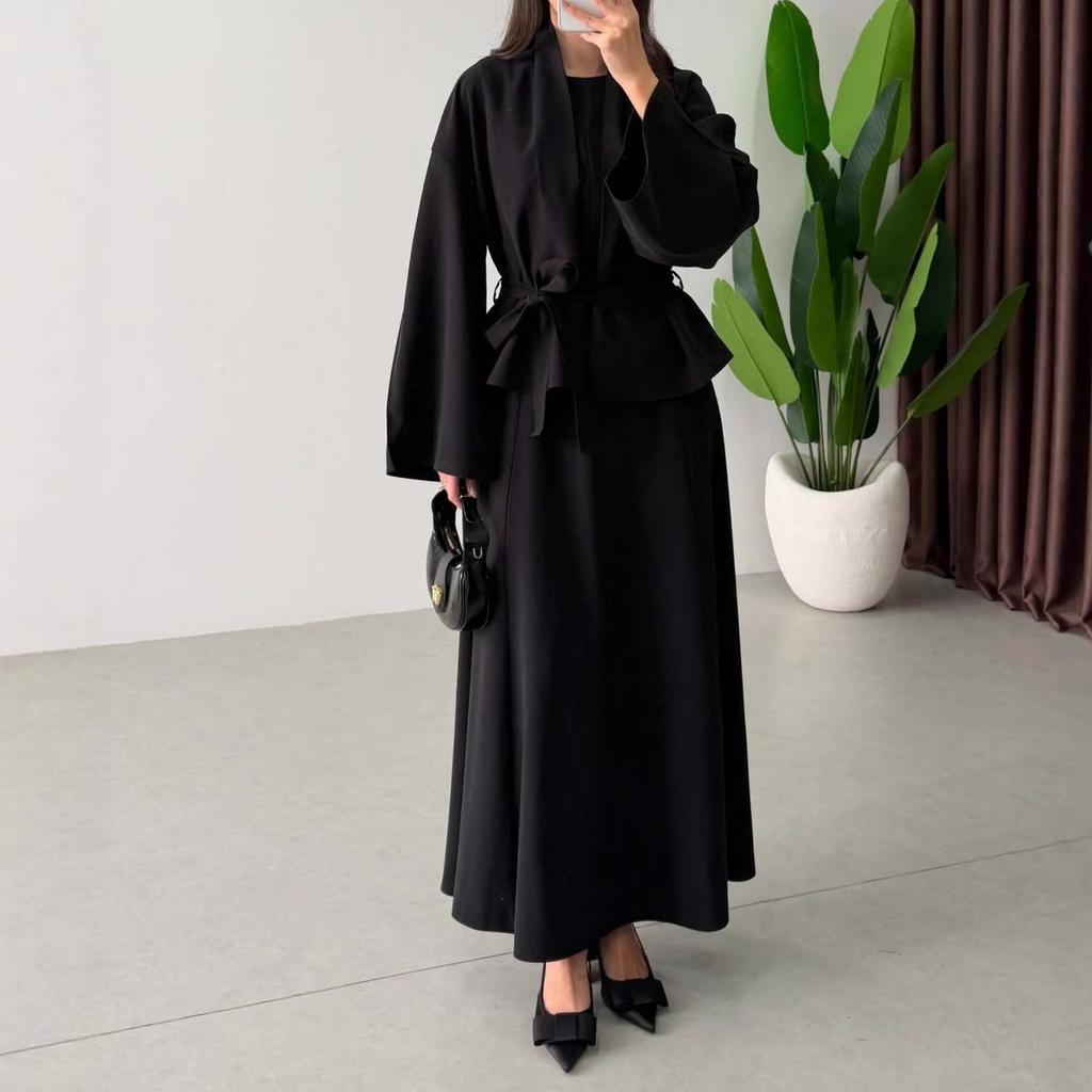 26 Europe, America, Amazon Cross-border Women's Clothing New Old Money Wind Lace-up Waist Cardigan and Dress Two-piece Set