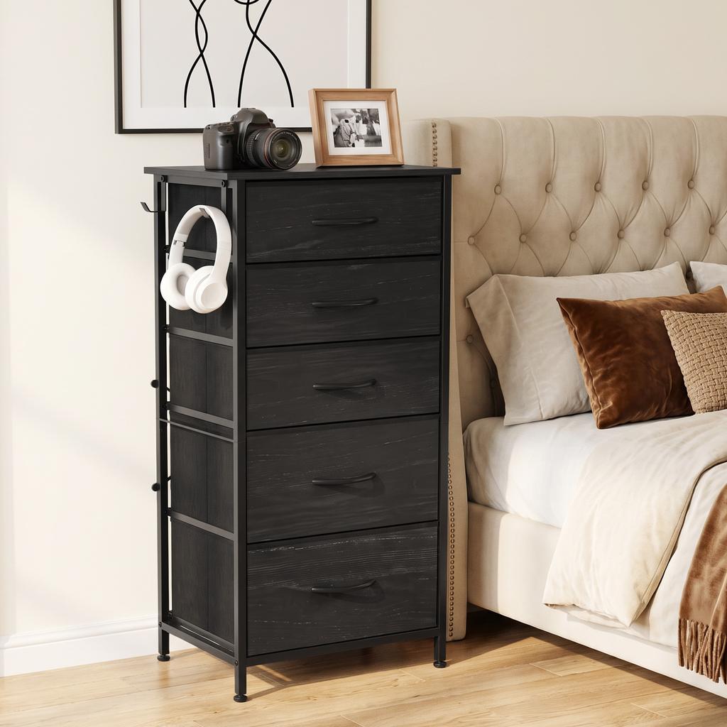 Chest of Drawers, Dresser with 5 Fabric Drawers, Tall Storage Unit with 4 Pockets and 2 Hooks, Steel Frame, Black