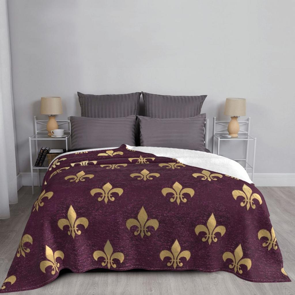 Gold And Red Fleur De Lis Blankets Fleece Autumn Lily Flower Symbol Breathable Throw Blankets for Bedding Office Rug Piece