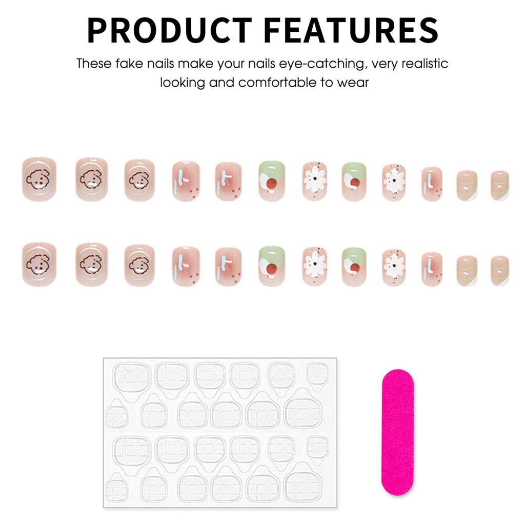 24PCS Blush Fake Nails with Flower Printed Reusable Long Lasting Press on Nails for Working Dating or Partying